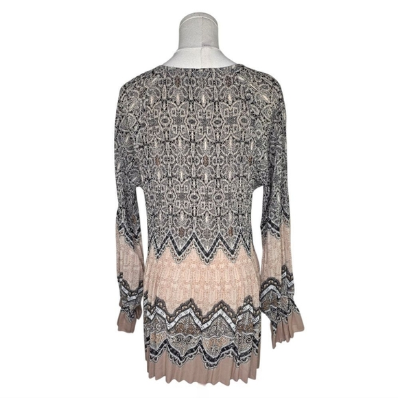 Umgee Boho Pleated Tunic Top S Beige Black Print Long Sleeve Flowy Blouse - Picture 4 of 7